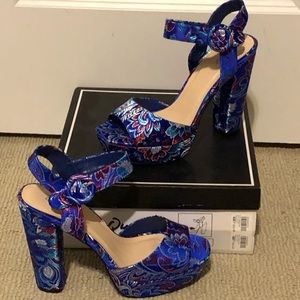 Quipid blue/multi color platform strappy heels